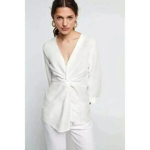 NWT Zara Woman Ecru White V-Neck Knot Draped Linen Long Sleeve Blouse Size XS